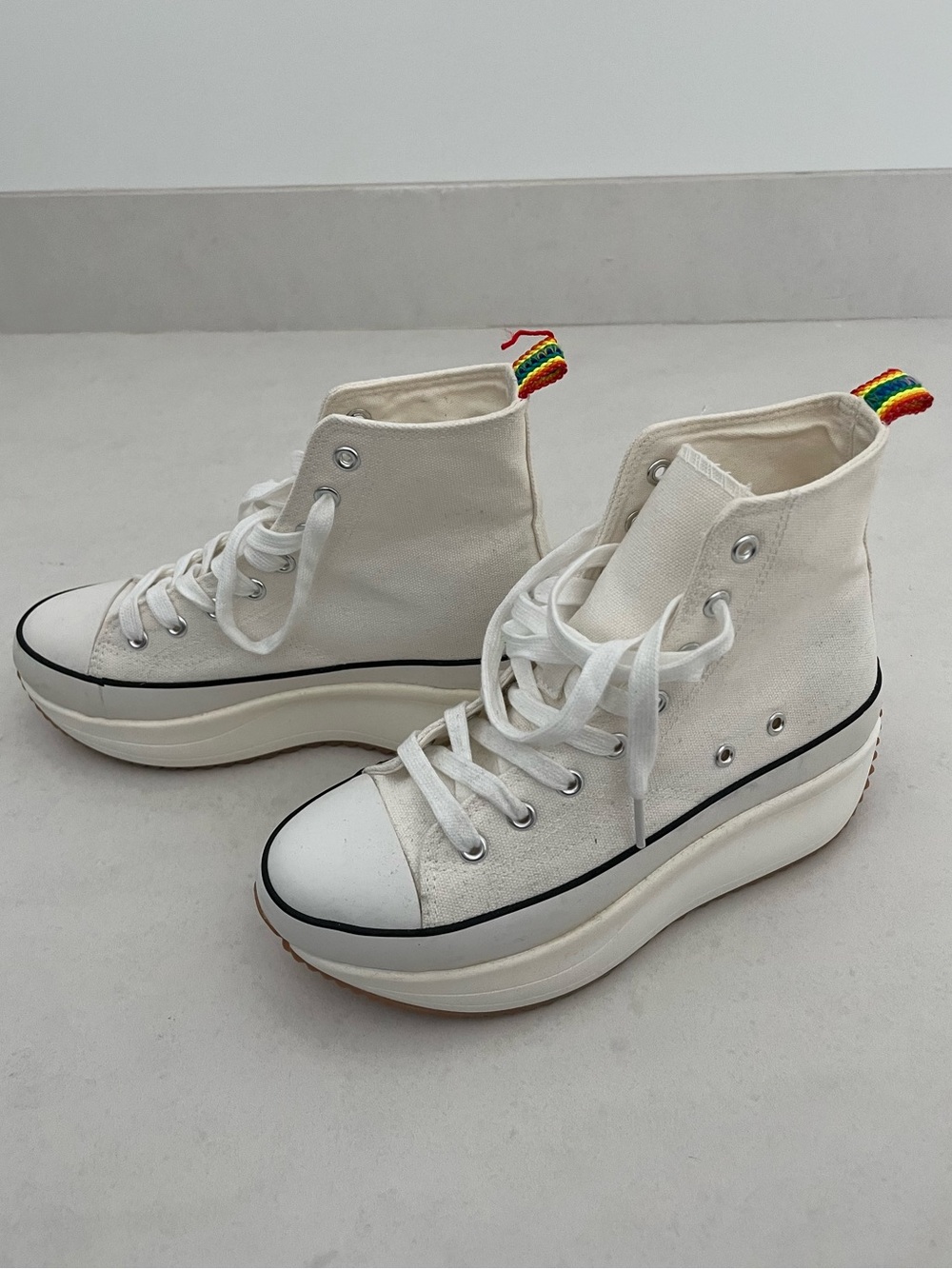 NWT: Madden Girl White High-Top Platform Sneakers with Rainbow Heel Loop
